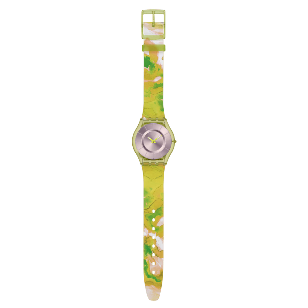 Swatch Skin SS08G112 Paradise Canopy – Orologio ultrasottile verde, vista frontale su sfondo bianco – CICCO Gioielleria