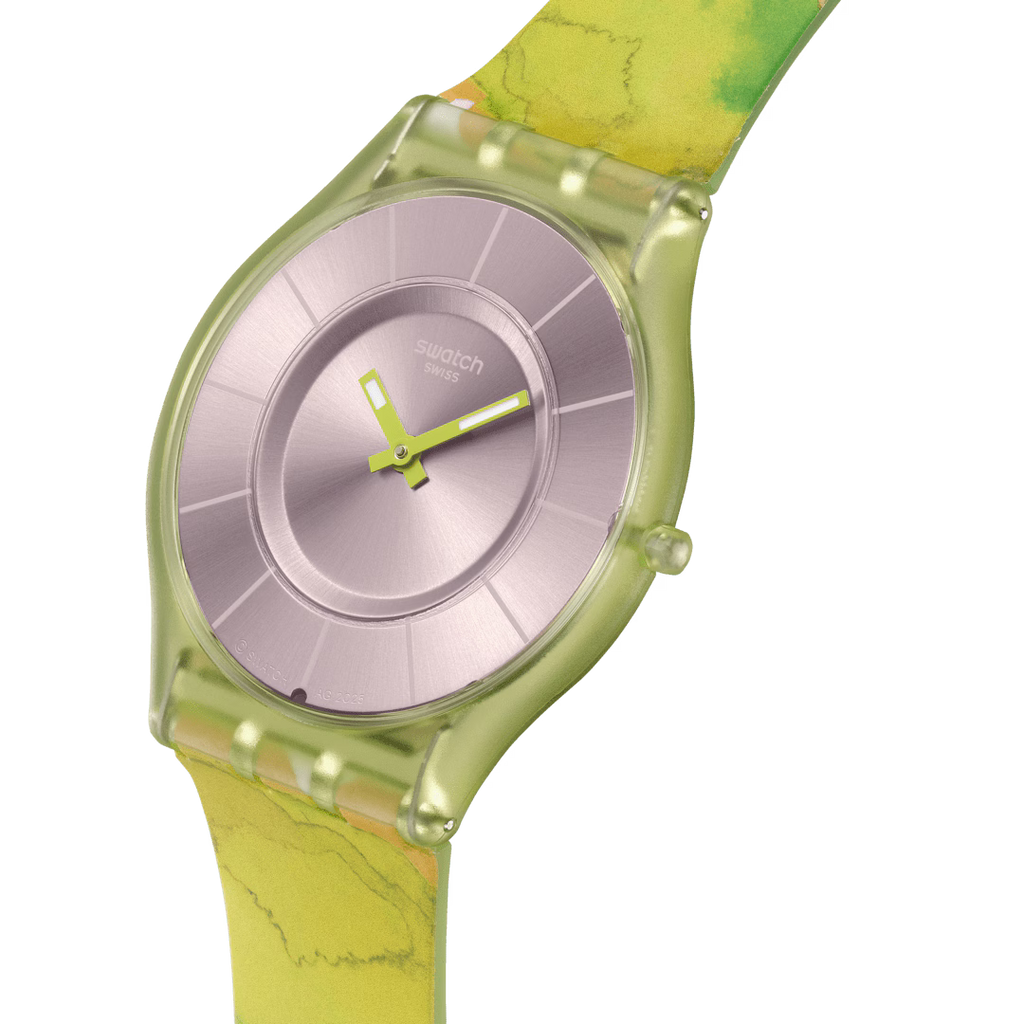 Swatch Skin SS08G112 Paradise Canopy – Vista laterale 280°, cassa biosourced verde ultra-piatta – SWATCH