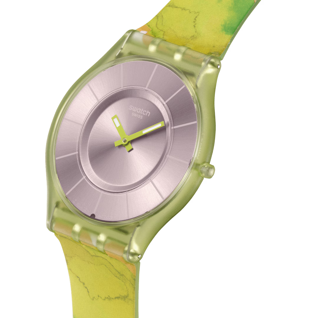 Swatch Skin SS08G112 Paradise Canopy – Vista laterale 280°, cassa biosourced verde ultra-piatta – SWATCH