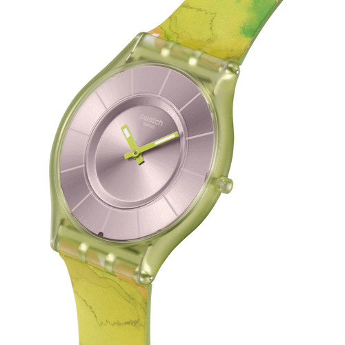 Swatch Skin SS08G112 Paradise Canopy – Vista laterale 280°, cassa biosourced verde ultra-piatta – SWATCH
