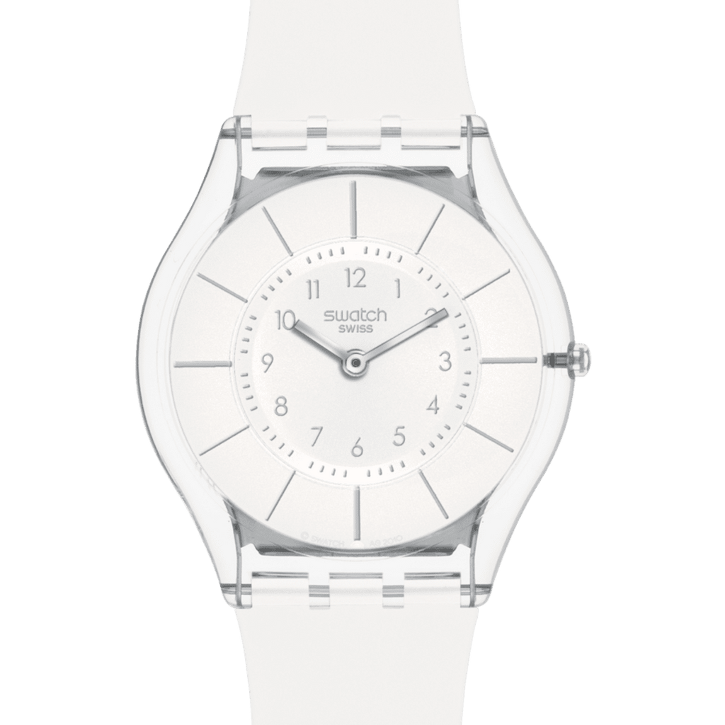 Swatch SKIN WHITE CLASSINESS SS08K102 dettaglio quadrante bianco indici argento cassa trasparente