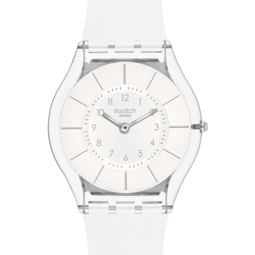Swatch SKIN WHITE CLASSINESS SS08K102 dettaglio quadrante bianco indici argento cassa trasparente