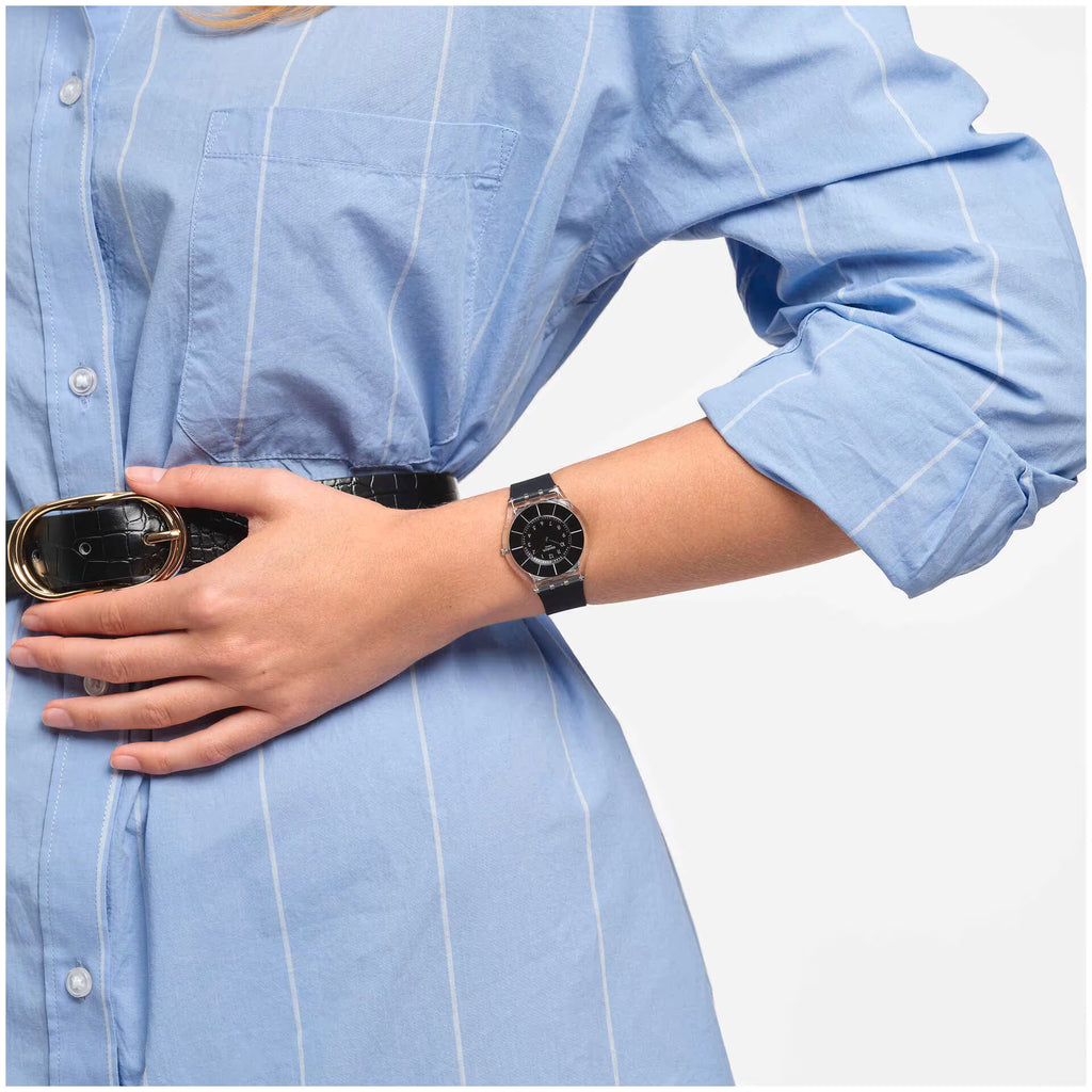 Swatch SKIN BLACK CLASSINESS SS08K103 vista laterale profilo ultrasottile cinturino silicone nero