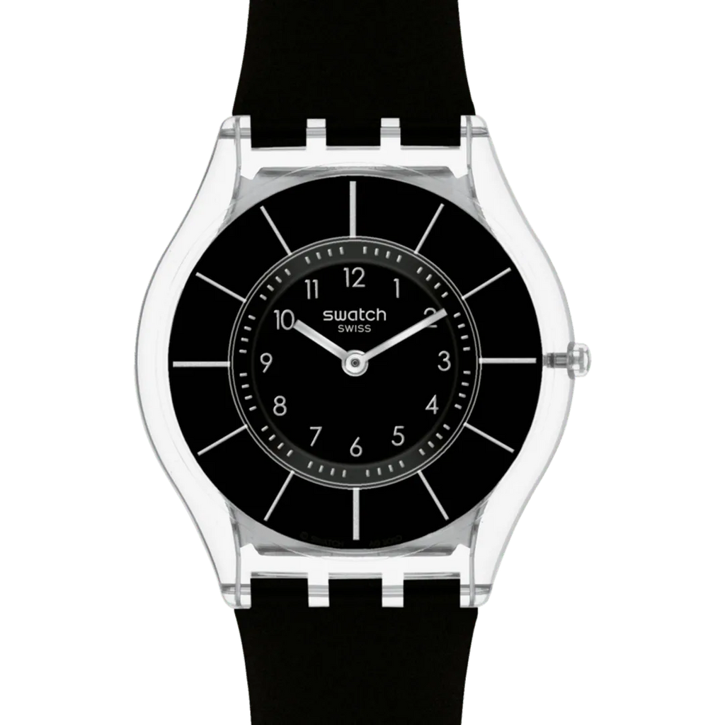 Swatch SKIN BLACK CLASSINESS SS08K103 dettaglio quadrante nero indici argento cassa trasparente