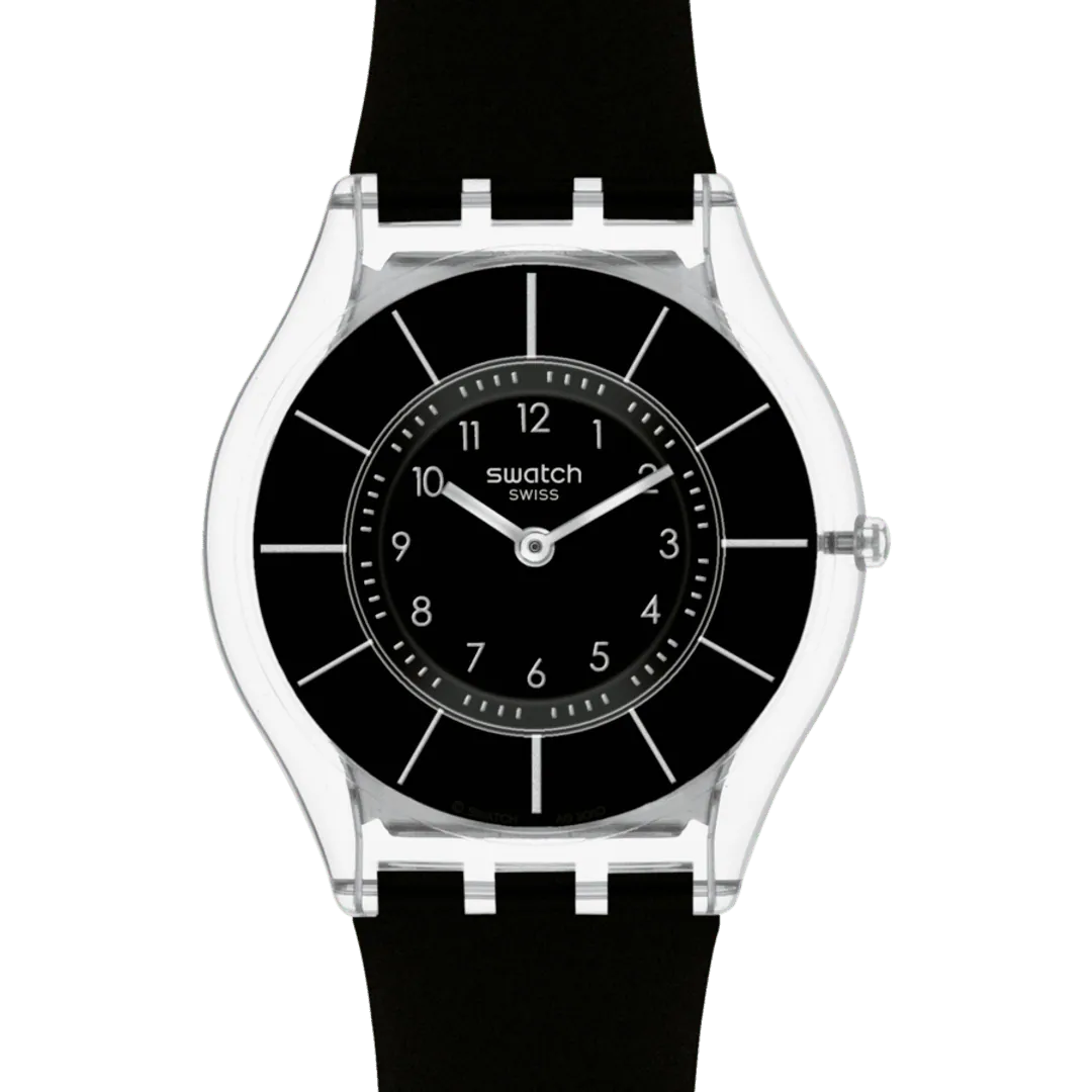Swatch SKIN BLACK CLASSINESS SS08K103 dettaglio quadrante nero indici argento cassa trasparente