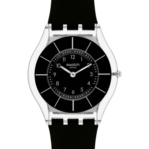 Swatch SKIN BLACK CLASSINESS SS08K103 dettaglio quadrante nero indici argento cassa trasparente