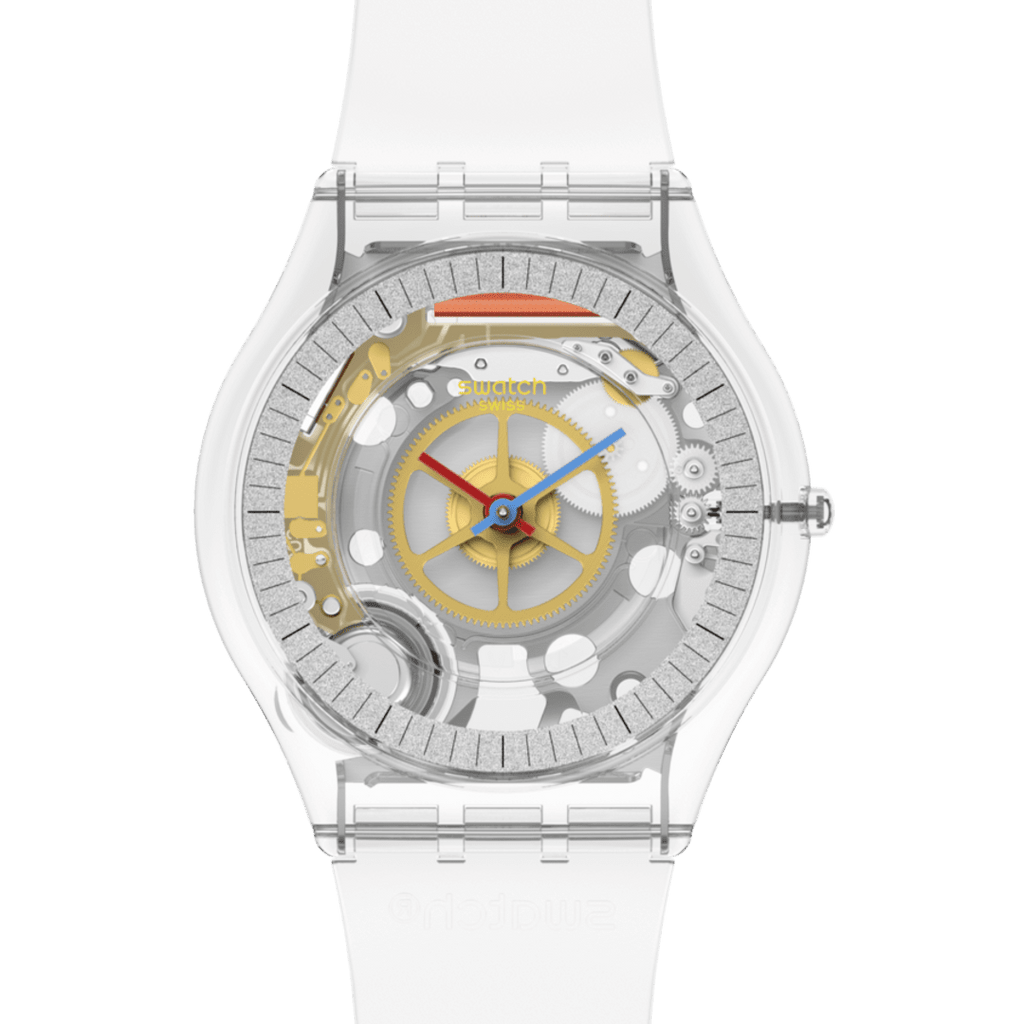 Swatch Clearly Skin SS08K109 – Vista laterale orologio trasparente biosourced – SWATCH