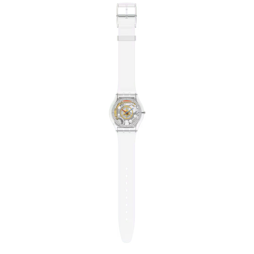 Swatch Clearly Skin SS08K109 – Orologio ultra-piatto trasparente, vista frontale su sfondo bianco – CICCO Gioielleria