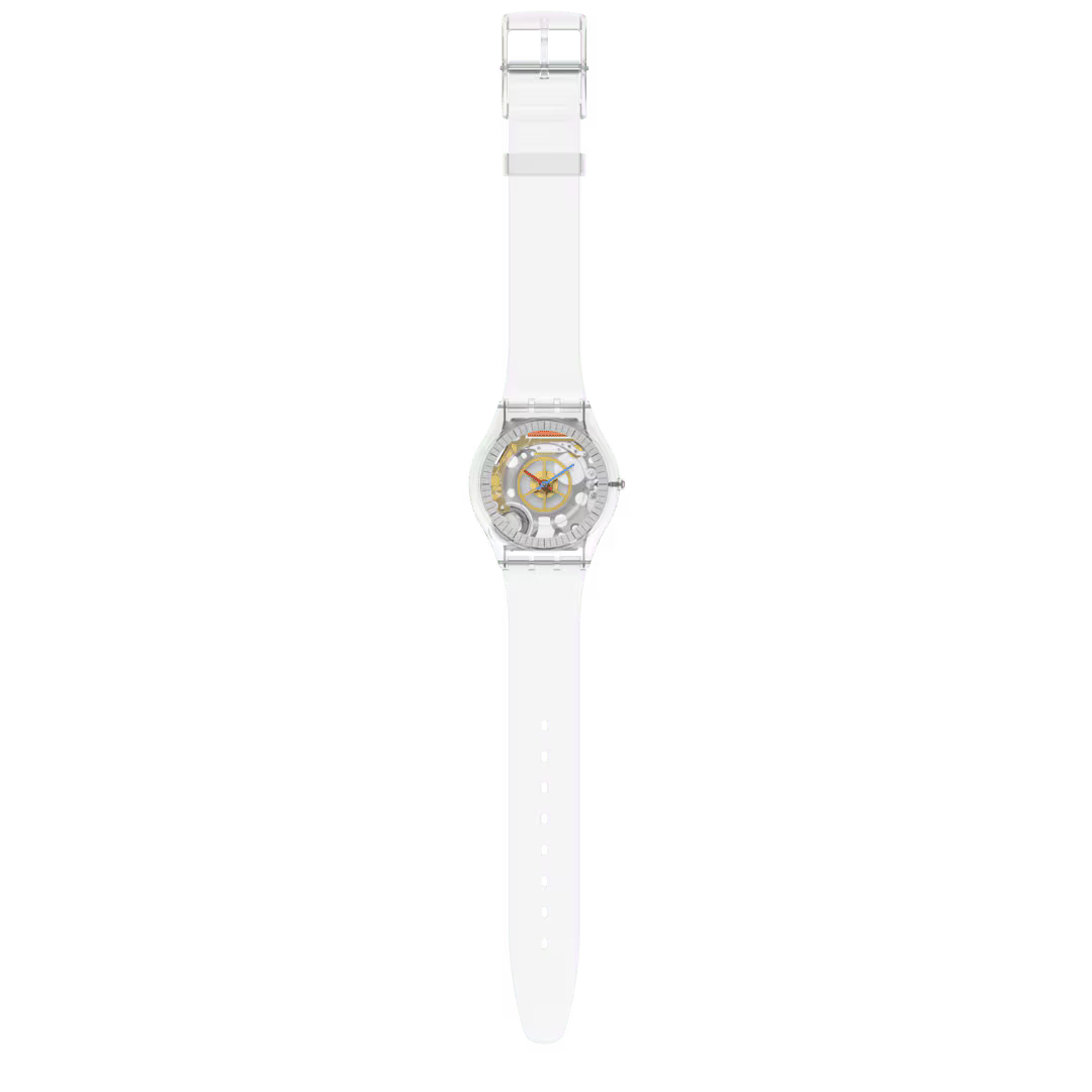 Swatch Clearly Skin SS08K109 – Orologio ultra-piatto trasparente, vista frontale su sfondo bianco – CICCO Gioielleria