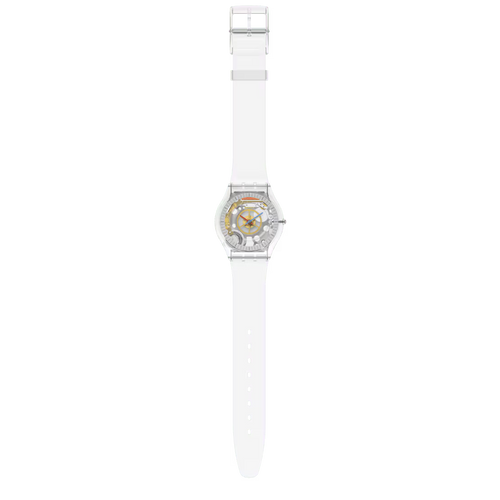 Swatch Clearly Skin SS08K109 – Orologio ultra-piatto trasparente, vista frontale su sfondo bianco – CICCO Gioielleria