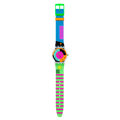 Swatch SKIN NEON HOT RACER SS08K119, vista frontale con quadrante multicolore e cinturino verde e azzurro.