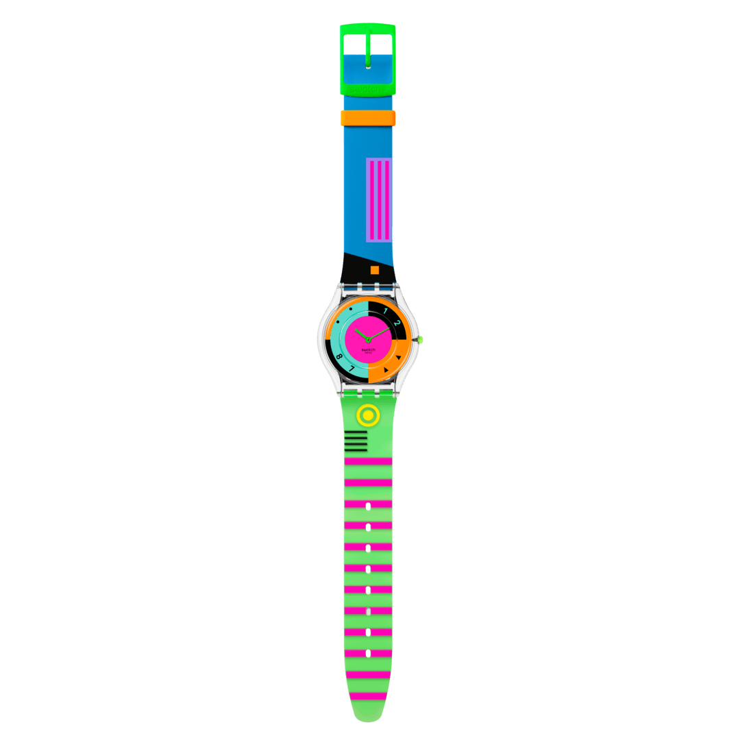 Swatch SKIN NEON HOT RACER SS08K119, vista frontale con quadrante multicolore e cinturino verde e azzurro.
