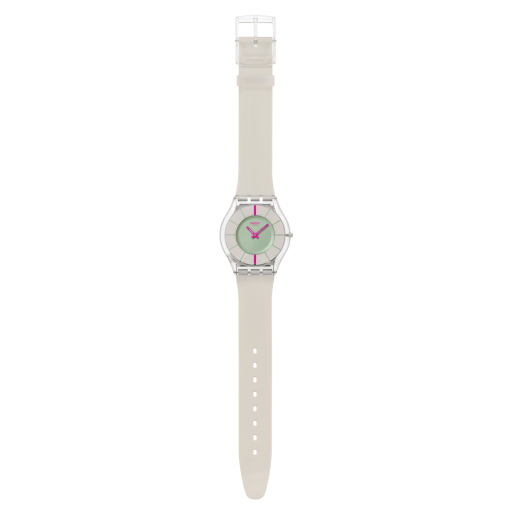 Swatch SS08K124 – Orologio Skin ultrasottile verde e rosa su sfondo neutro