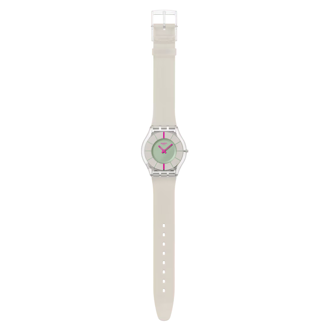 Swatch SS08K124 – Orologio Skin ultrasottile verde e rosa su sfondo neutro
