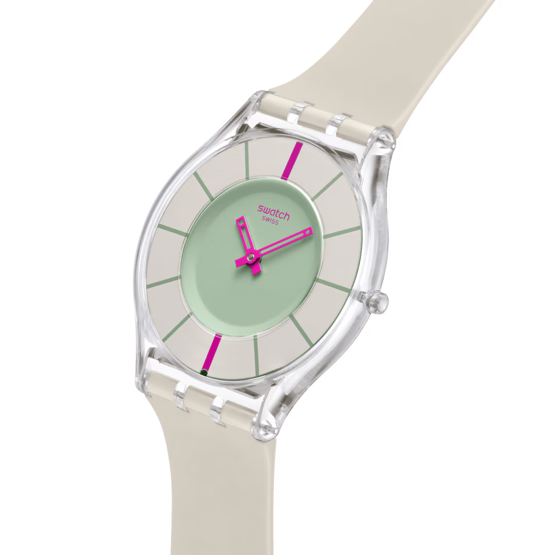 Swatch SS08K124 – Vista laterale – Profilo ultrasottile con cinturino grigio