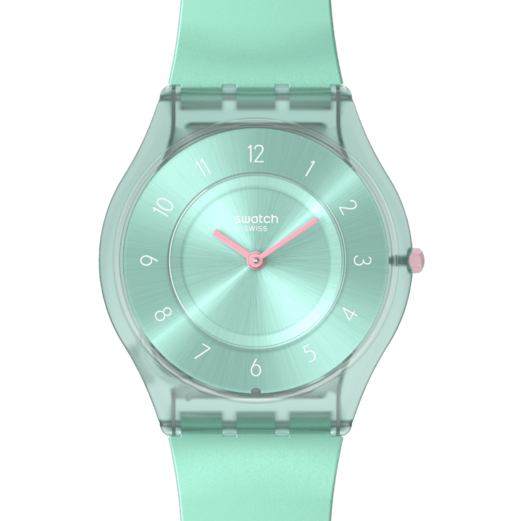Dettaglio del quadrante verde e delle lancette rosa dello Swatch SKIN PASTELICIOUS TEAL SS08L100 – CICCO Gioielleria.