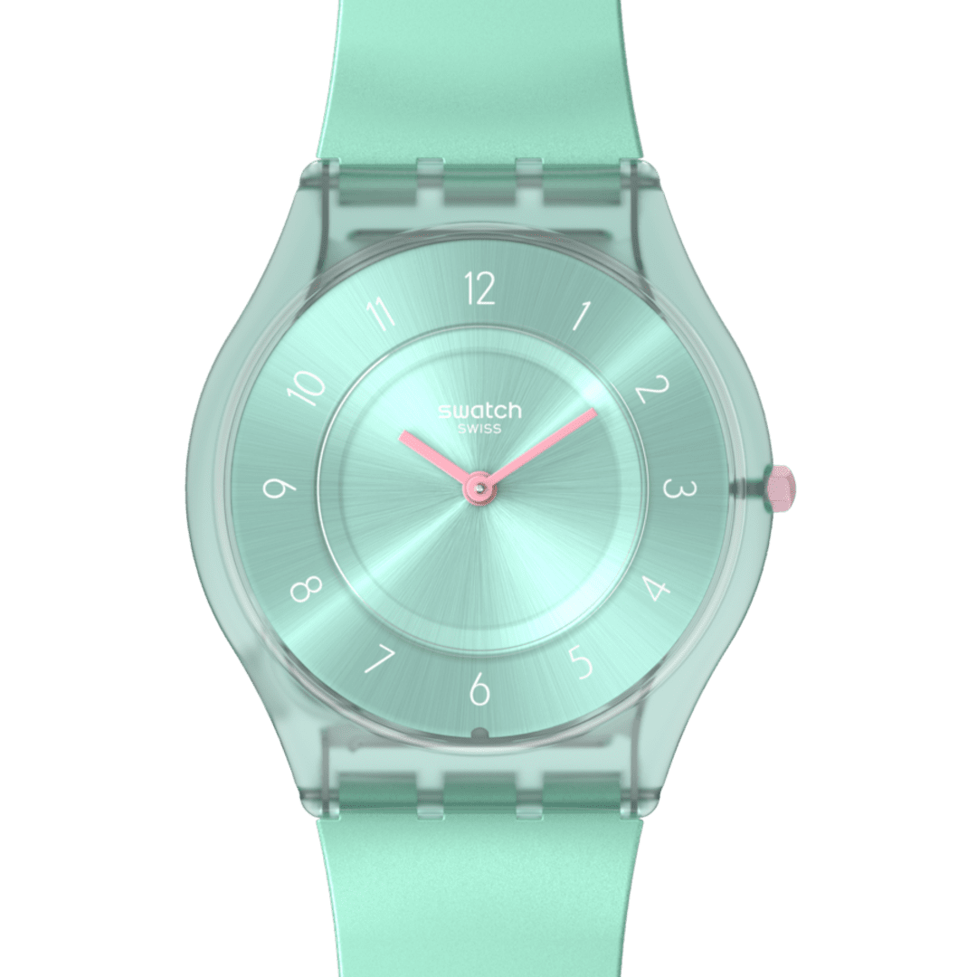 Dettaglio del quadrante verde e delle lancette rosa dello Swatch SKIN PASTELICIOUS TEAL SS08L100 – CICCO Gioielleria.