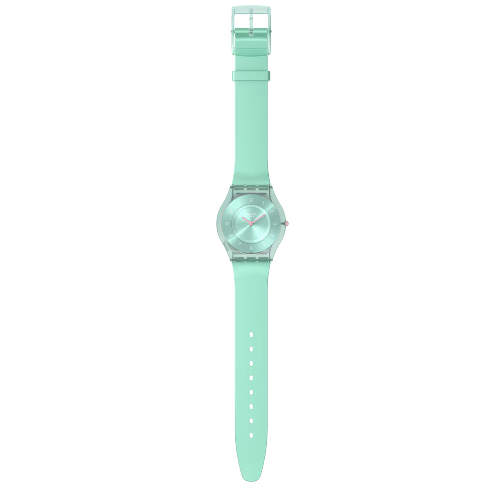 Swatch SKIN PASTELICIOUS TEAL SS08L100 con cinturino verde semitrasparente e lancette rosa, vista frontale – CICCO Gioielleria.