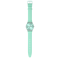 Swatch SKIN PASTELICIOUS TEAL SS08L100 con cinturino verde semitrasparente e lancette rosa, vista frontale – CICCO Gioielleria.