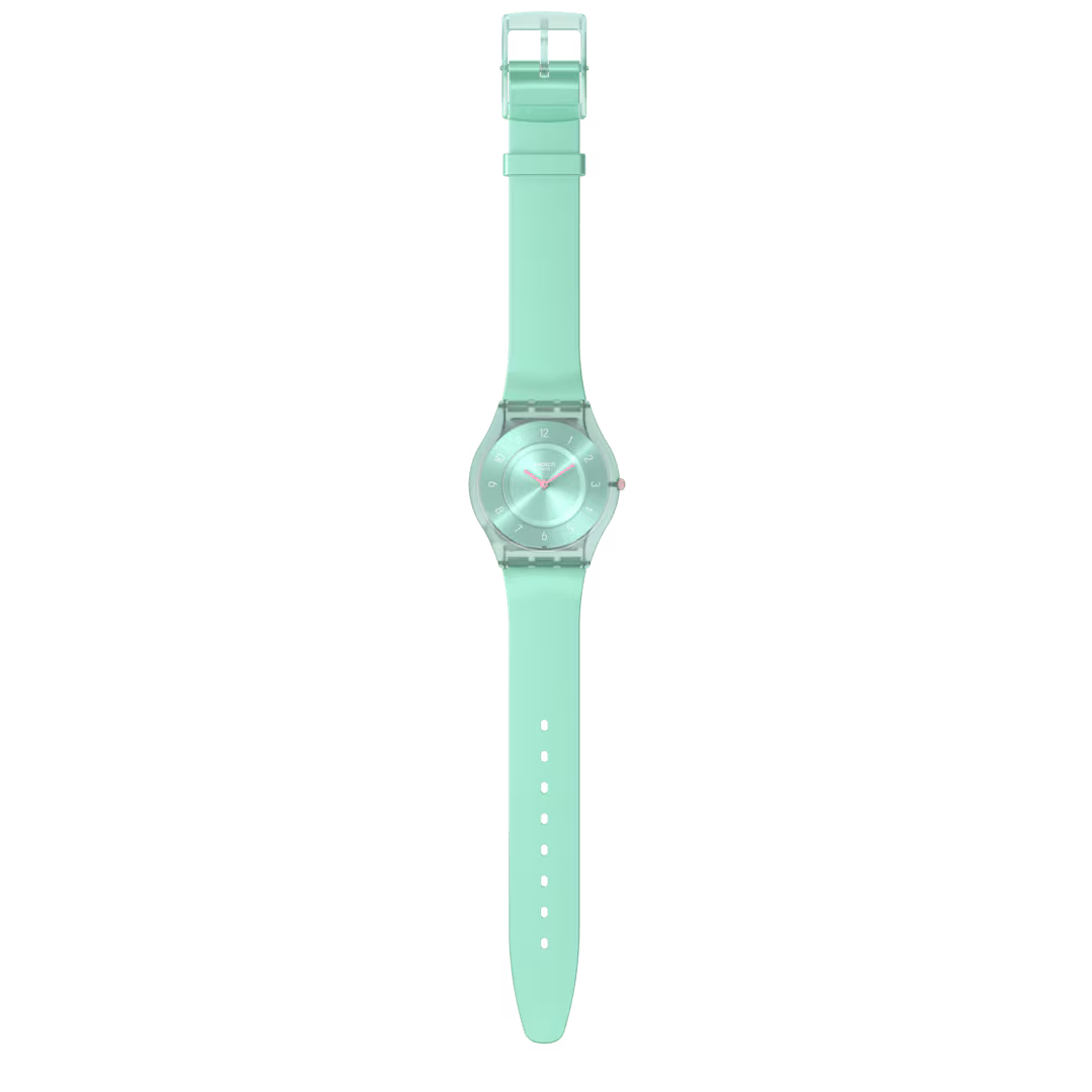 Swatch SKIN PASTELICIOUS TEAL SS08L100 con cinturino verde semitrasparente e lancette rosa, vista frontale – CICCO Gioielleria.