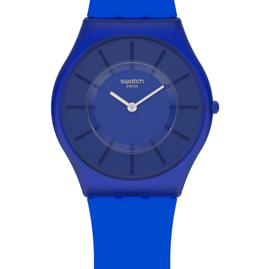 Orologio Swatch Skin Deep Acqua SS08N102 – Quadrante blu trasparente, vista frontale – Cicco Gioielleria