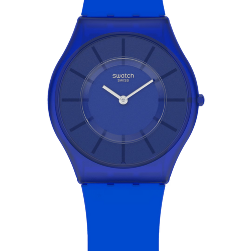 Orologio Swatch Skin Deep Acqua SS08N102 – Quadrante blu trasparente, vista frontale – Cicco Gioielleria