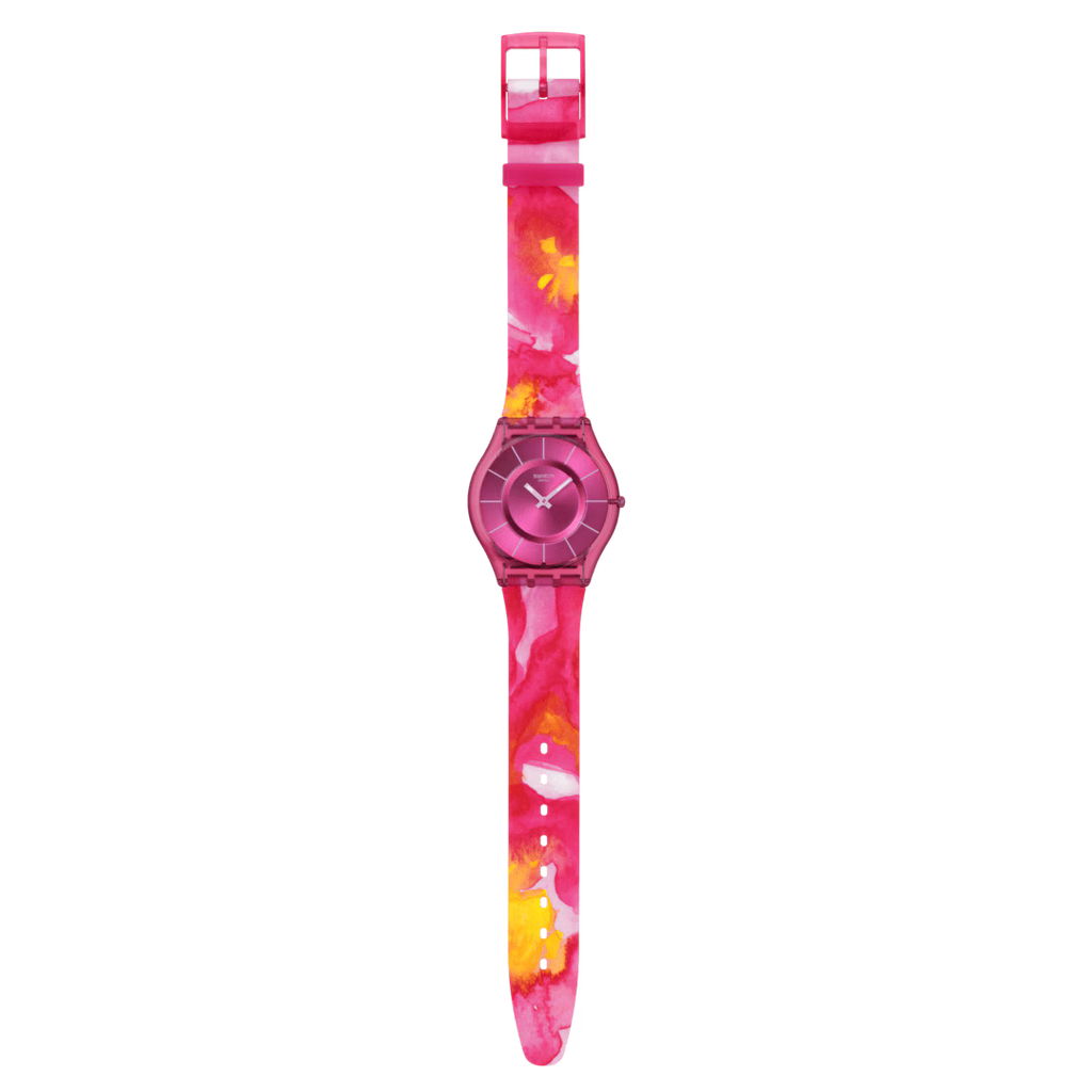 Swatch Skin SS08P113 Paradise Petals – Orologio ultrasottile rosa, vista frontale su sfondo bianco – CICCO Gioielleria