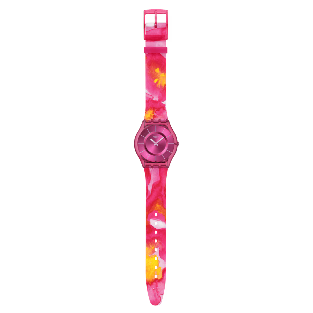 Swatch Skin SS08P113 Paradise Petals – Orologio ultrasottile rosa, vista frontale su sfondo bianco – CICCO Gioielleria