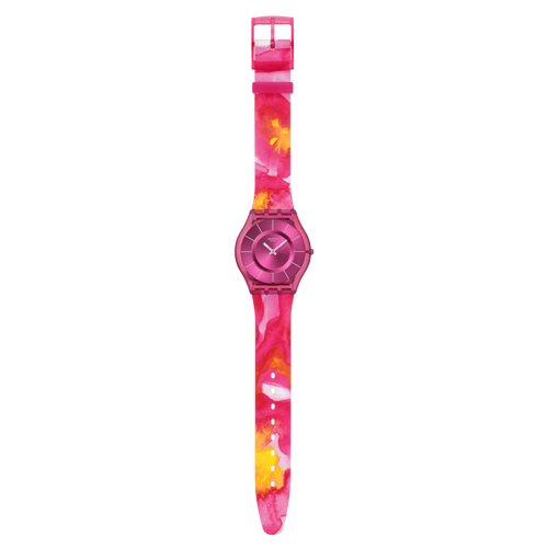 Swatch Skin SS08P113 Paradise Petals – Orologio ultrasottile rosa, vista frontale su sfondo bianco – CICCO Gioielleria