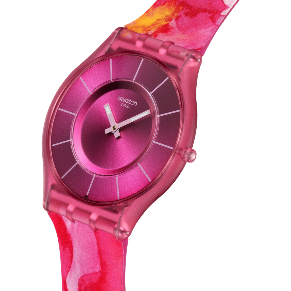 Swatch Skin SS08P113 Paradise Petals – Vista laterale 280°, cassa biosourced trasparente ultra-piatta – SWATCH