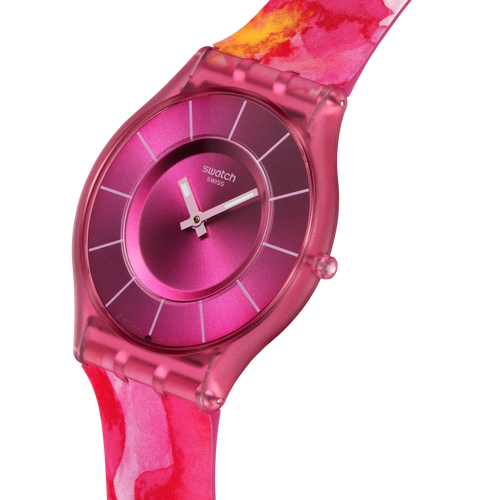 Swatch Skin SS08P113 Paradise Petals – Vista laterale 280°, cassa biosourced trasparente ultra-piatta – SWATCH