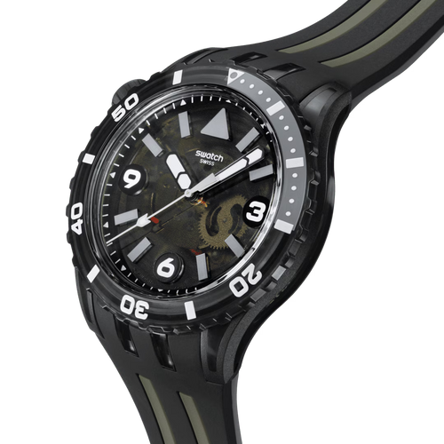 Swatch Scubacqua SSCU09B100 Black Sea Nettle – Vista laterale 280°, lunetta girevole nera – SWATCH