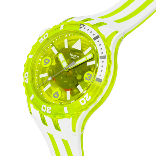 Swatch Scubacqua SSCU09J100 Egg Yolk – Vista laterale 280°, lunetta girevole luminescente gialla – SWATCH