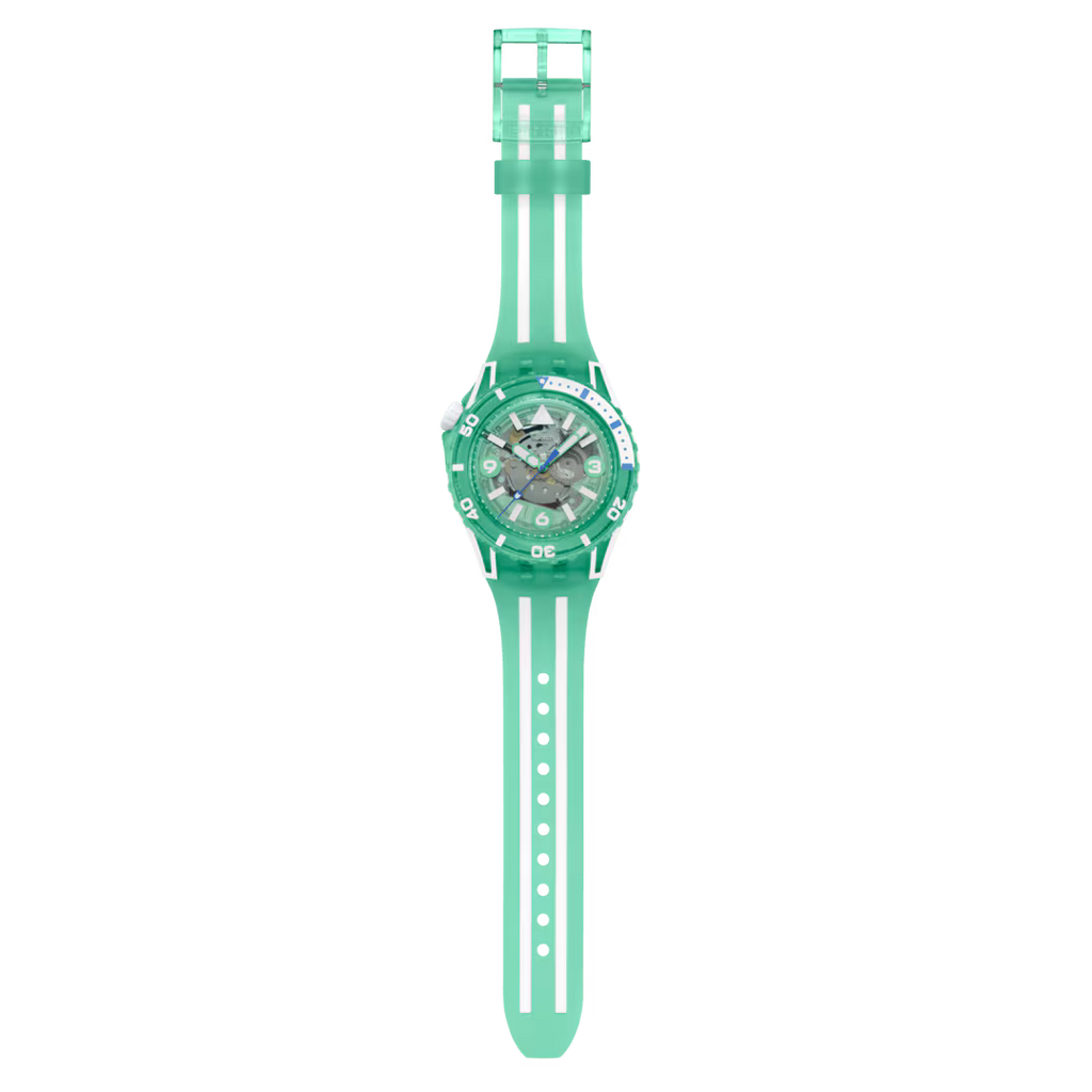 Swatch Scubacqua SSCU09L100 Medusae – vista frontale, quadrante turchese trasparente