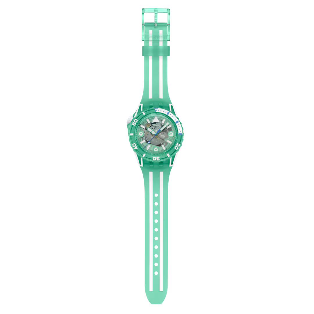 Swatch Scubacqua SSCU09L100 Medusae – vista frontale, quadrante turchese trasparente