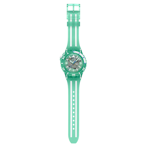 Swatch Scubacqua SSCU09L100 Medusae – vista frontale, quadrante turchese trasparente