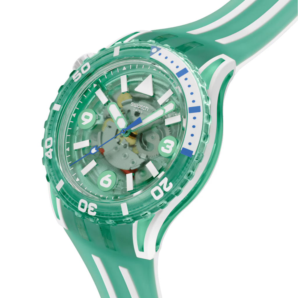Swatch Scubacqua SSCU09L100 Medusae – vista laterale, cassa Bioceramic bianca