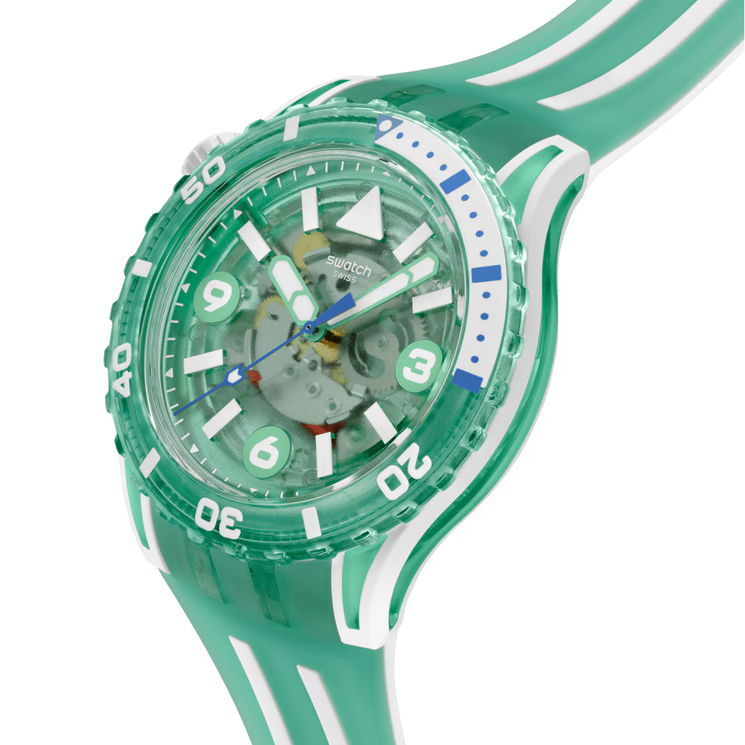 Swatch Scubacqua SSCU09L100 Medusae – vista laterale, cassa Bioceramic bianca