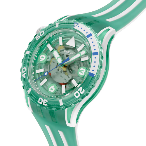 Swatch Scubacqua SSCU09L100 Medusae – vista laterale, cassa Bioceramic bianca