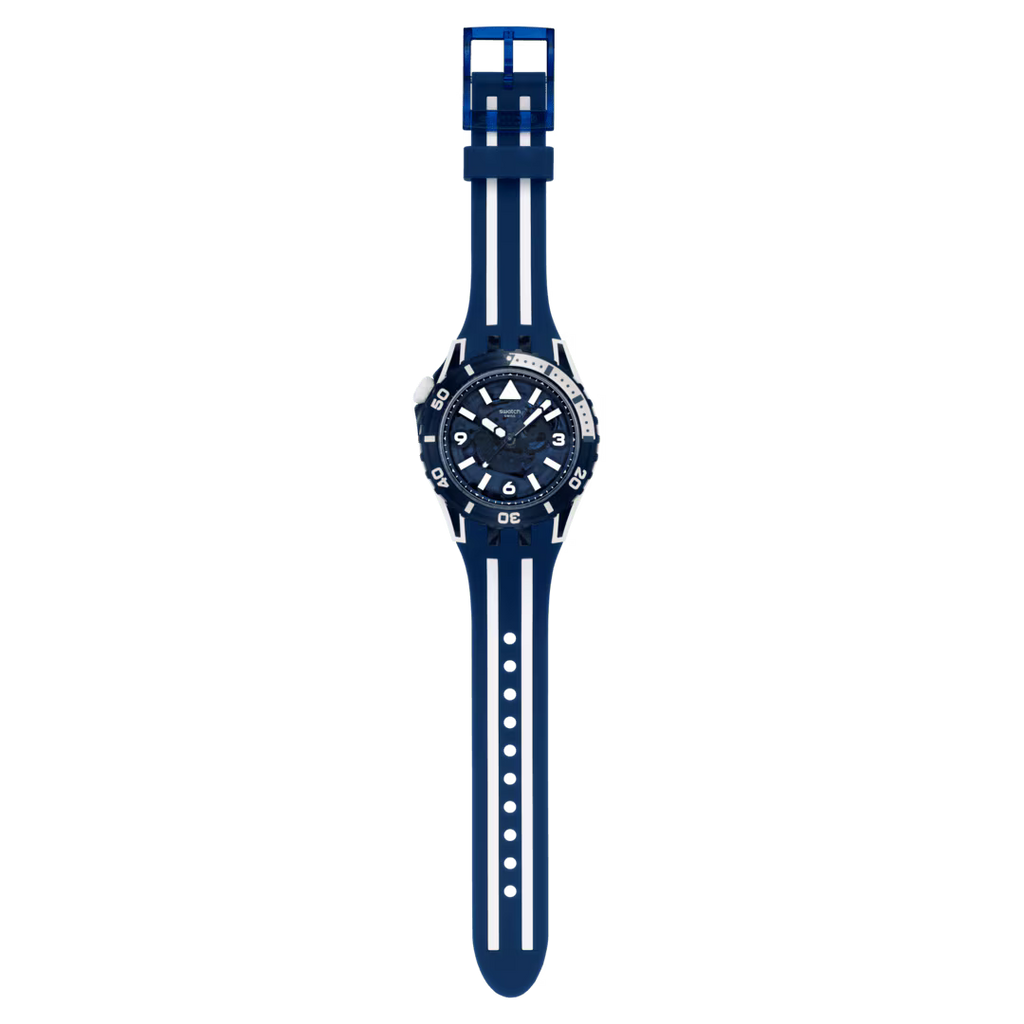 Swatch Scubacqua SSCU09N100 Sea Wasp – vista frontale, quadrante blu trasparente