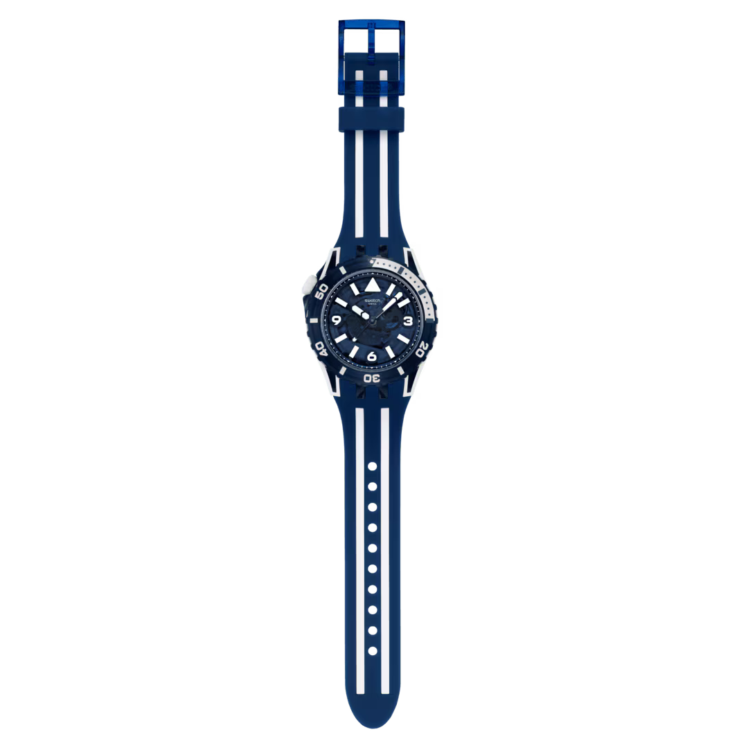 Swatch Scubacqua SSCU09N100 Sea Wasp – vista frontale, quadrante blu trasparente