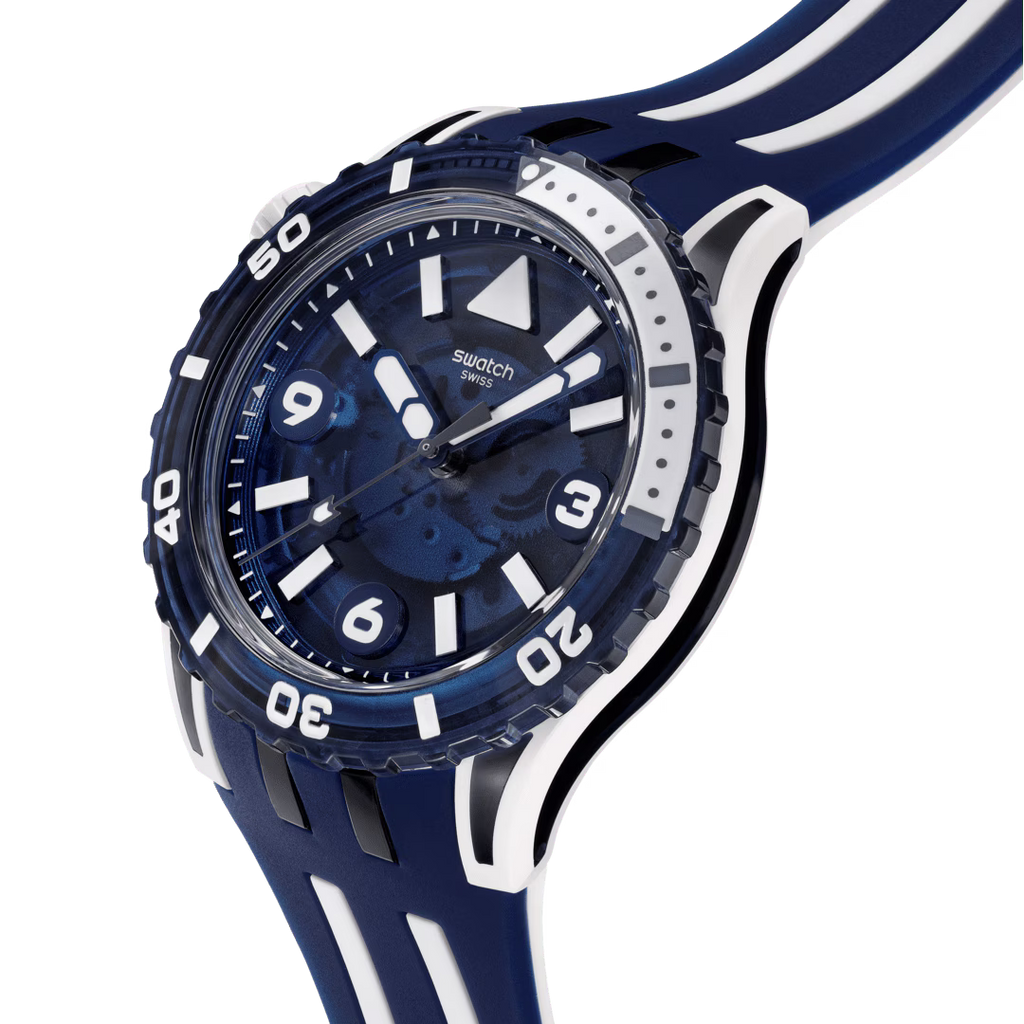 Swatch Scubacqua SSCU09N100 Sea Wasp – vista laterale, cassa Bioceramic bianca