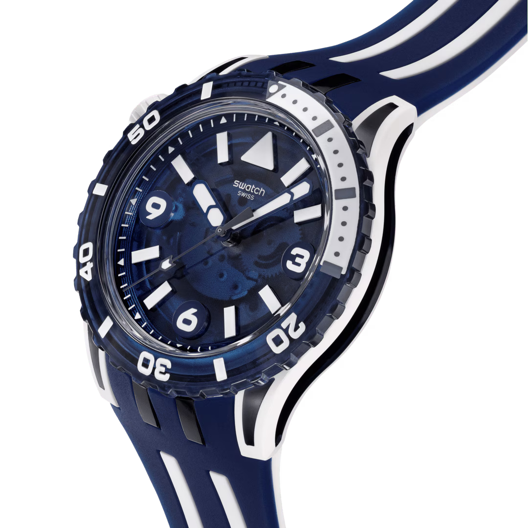 Swatch Scubacqua SSCU09N100 Sea Wasp – vista laterale, cassa Bioceramic bianca