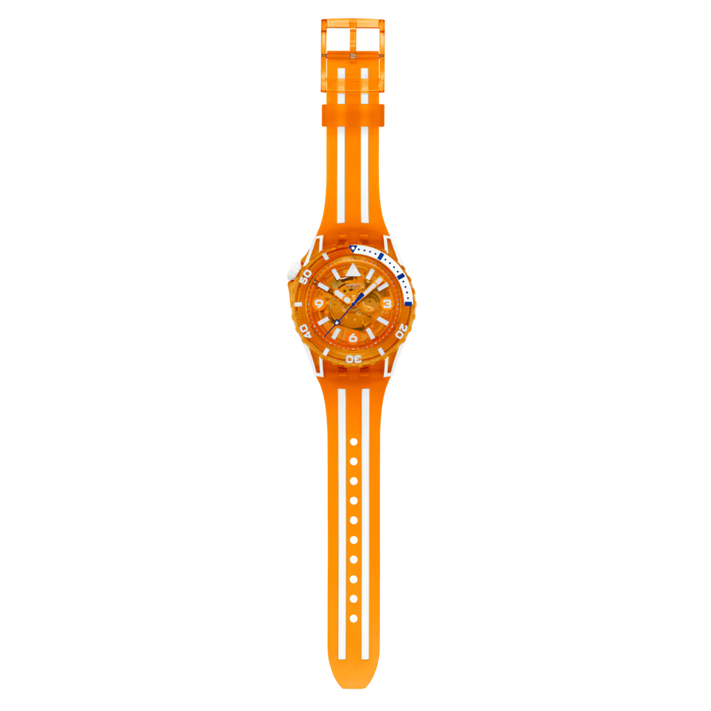 Swatch Scubacqua SSCU09O100 Pacific Sea Nettle – vista frontale, quadrante arancione trasparente