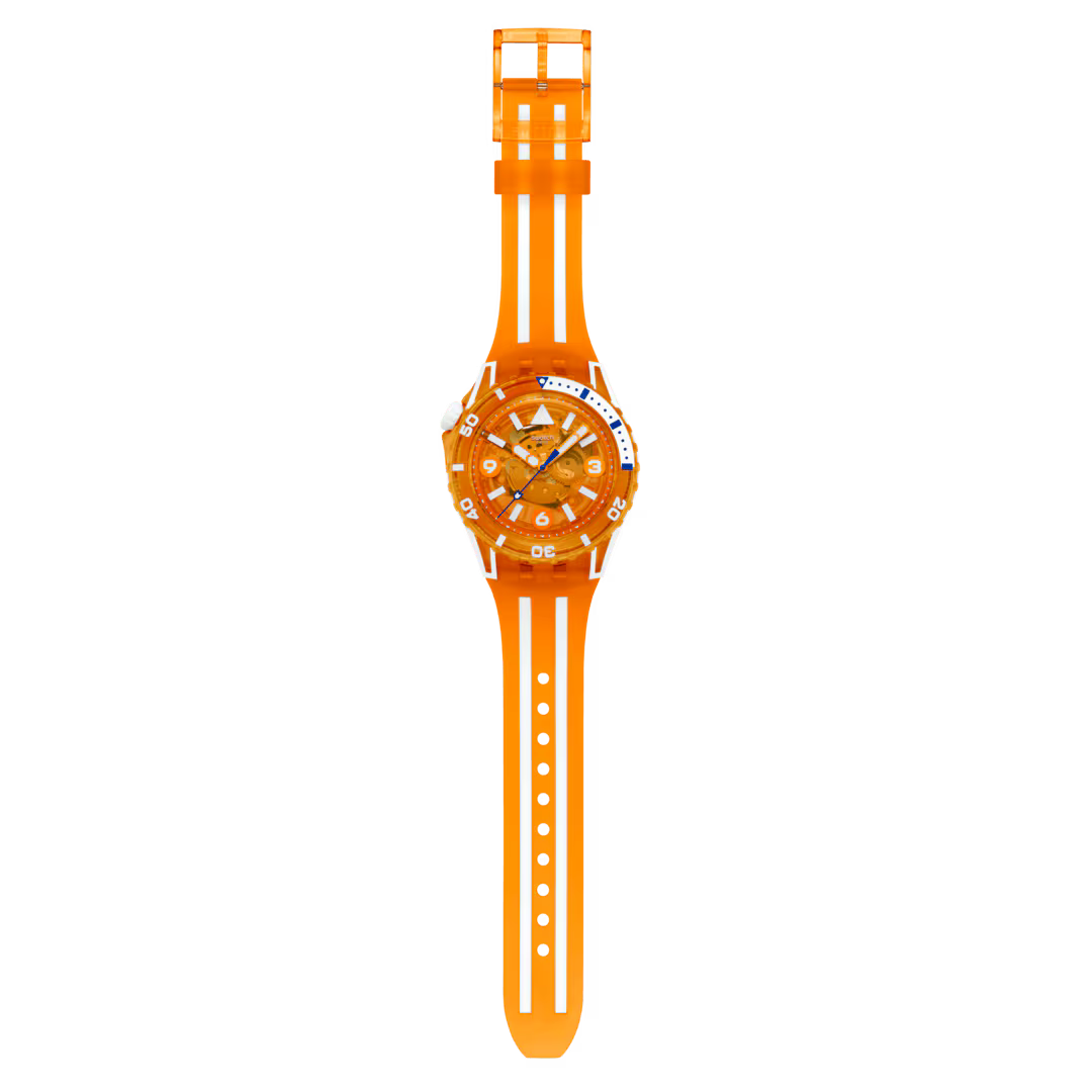 Swatch Scubacqua SSCU09O100 Pacific Sea Nettle – vista frontale, quadrante arancione trasparente