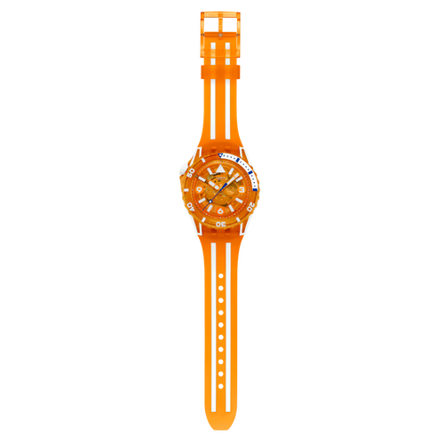 Swatch Scubacqua SSCU09O100 Pacific Sea Nettle – vista frontale, quadrante arancione trasparente