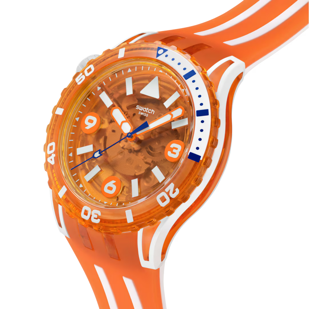 Swatch Scubacqua SSCU09O100 Pacific Sea Nettle – vista laterale, cassa Bioceramic bianca