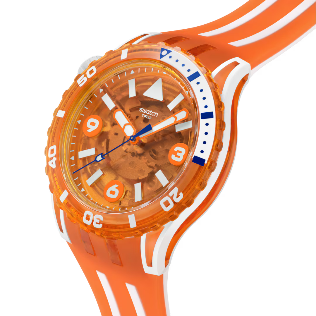Swatch Scubacqua SSCU09O100 Pacific Sea Nettle – vista laterale, cassa Bioceramic bianca