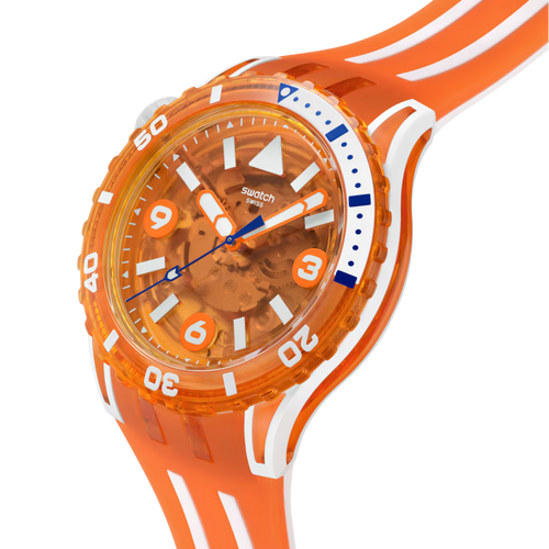 Swatch Scubacqua SSCU09O100 Pacific Sea Nettle – vista laterale, cassa Bioceramic bianca
