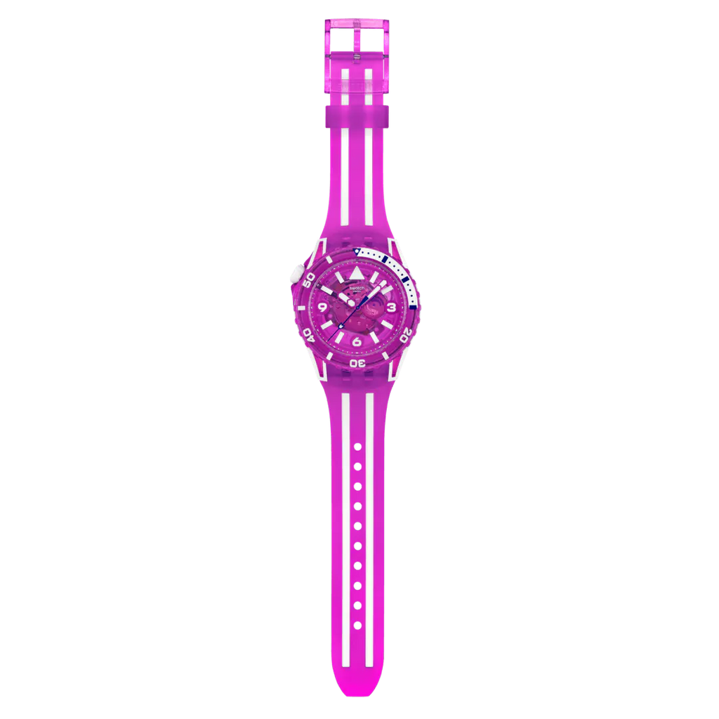 Swatch Scubacqua SSCU09P100 Flower Hat – vista frontale, quadrante rosa trasparente